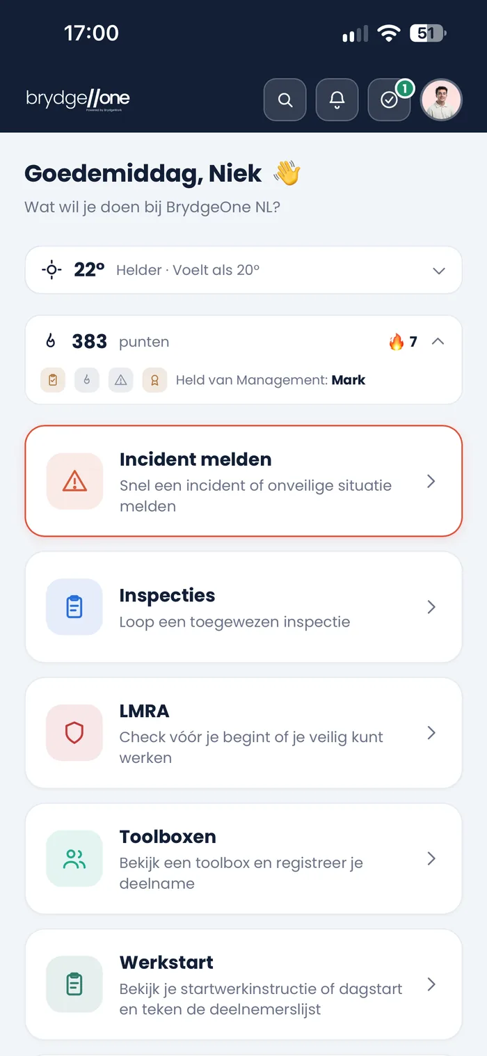 BrydgeOne employee app: home screen with reporting, inspecting and LMRA